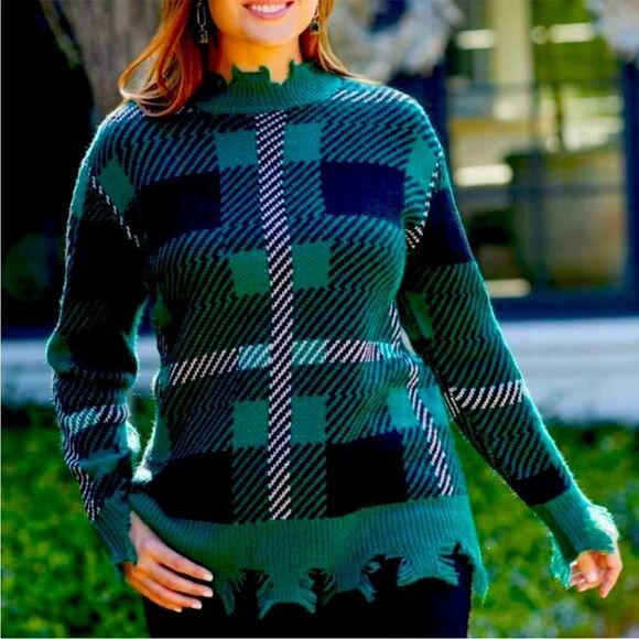 Cato Frayed Plaid Sweater Green Distressed oversized Fall - Picture 1 of 6